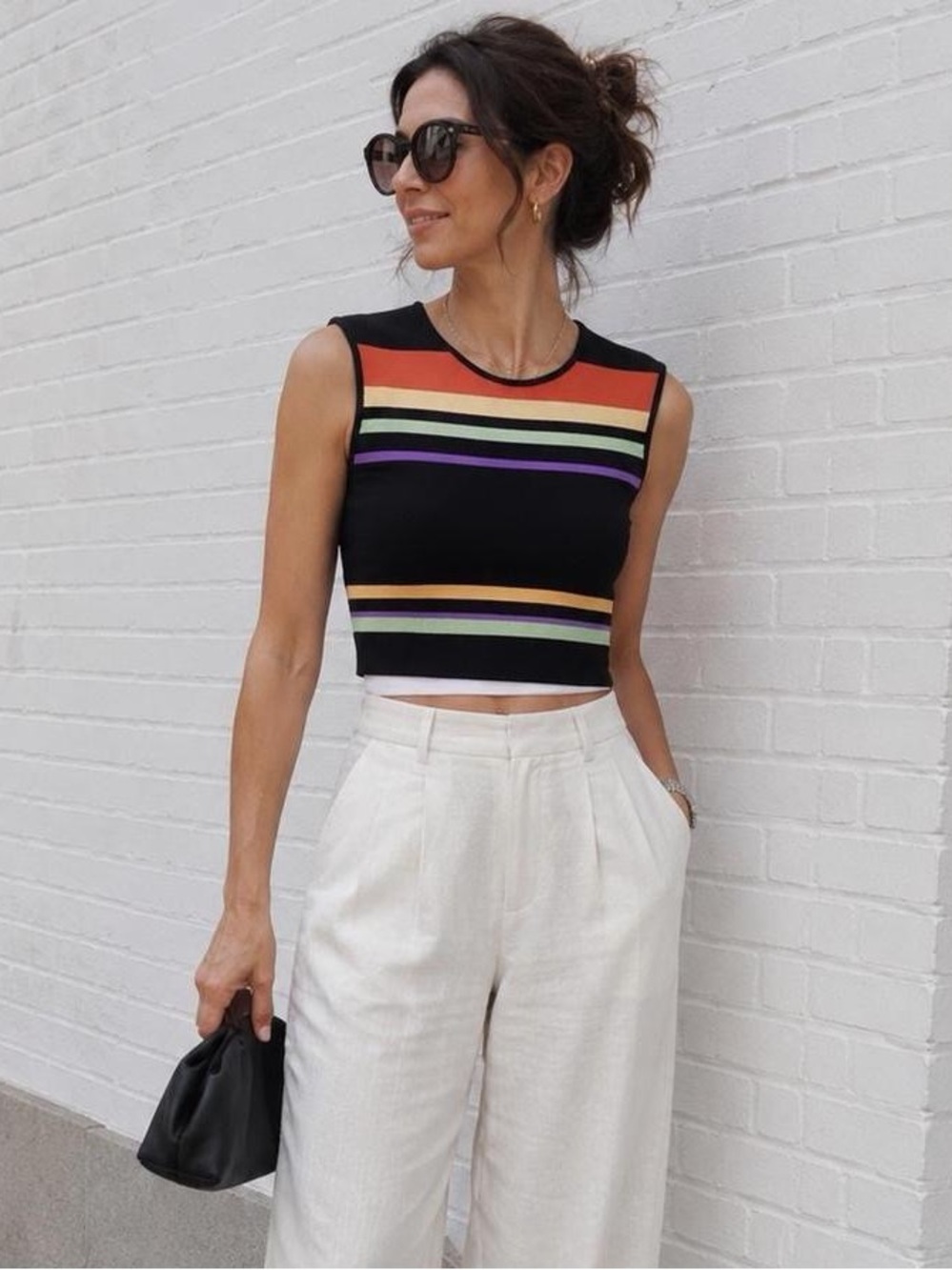 Ted Baker London Black Cropped Tank with Rainbow Stripes